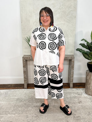 Simply Vanite Printed Poplin Shirt & Crop Pant Set, White/Circles - Statement Boutique