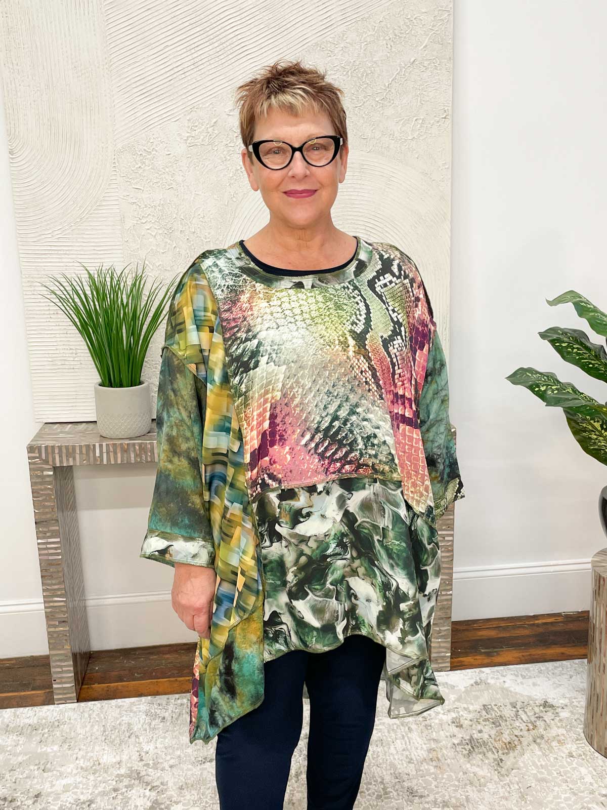 Sterling Styles Patchwork Whisper Tunic, Mysterious Green - Statement Boutique