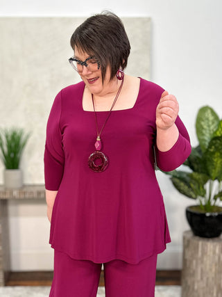 Sympli Square Neck Top, 3/4 Sleeve, Amaranth - Statement Boutique