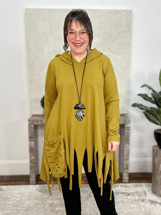Laser Fringe Hoodie Tunic, Olive Oil