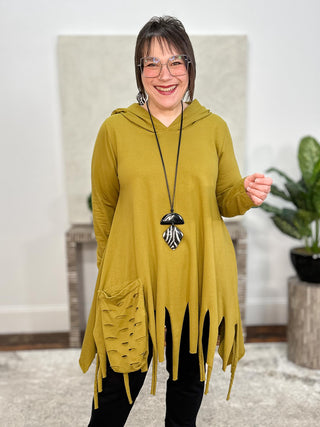 Laser Fringe Hoodie Tunic, Olive Oil