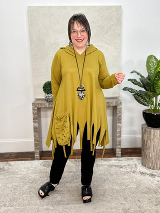 Laser Fringe Hoodie Tunic, Olive Oil