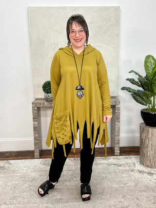 Laser Fringe Hoodie Tunic, Olive Oil