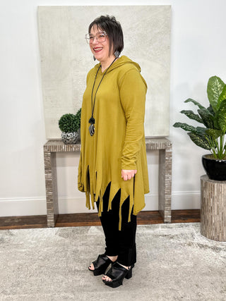 Laser Fringe Hoodie Tunic, Olive Oil
