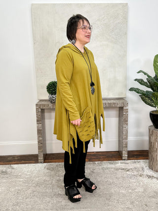 Laser Fringe Hoodie Tunic, Olive Oil