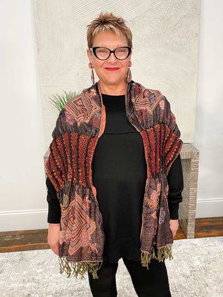 Tan's Pashmina Ruffle Shawl, Black Orange Multi - Statement Boutique