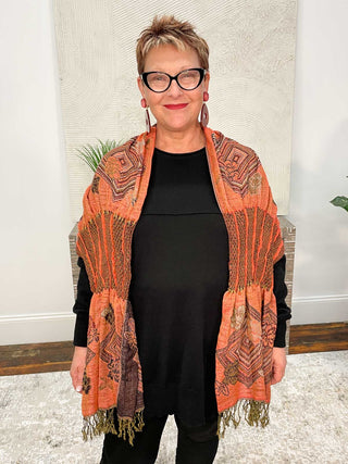 Tan's Pashmina Ruffle Shawl, Black Orange Multi - Statement Boutique
