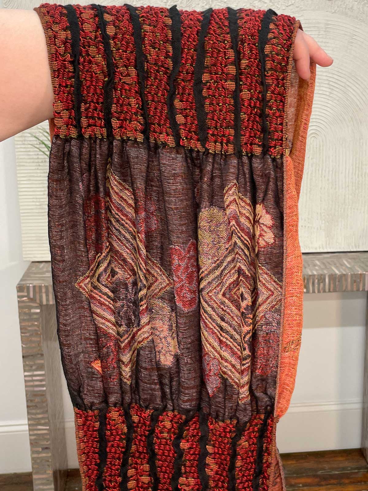 Tan&#39;s Pashmina Ruffle Shawl, Black Orange Multi - Statement Boutique