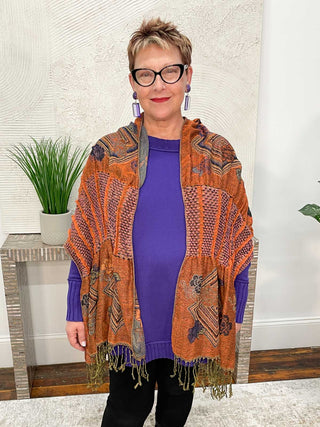 Tan's Pashmina Ruffle Shawl, Orange Blue Multi - Statement Boutique