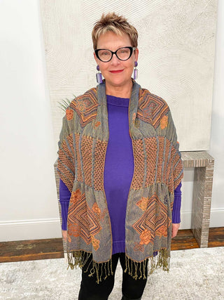 Tan's Pashmina Ruffle Shawl, Orange Blue Multi - Statement Boutique