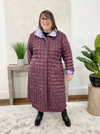 UBU Clothing Co Reversible Zip Front Long Coat, Eggplant/Coastal Dream - Statement Boutique