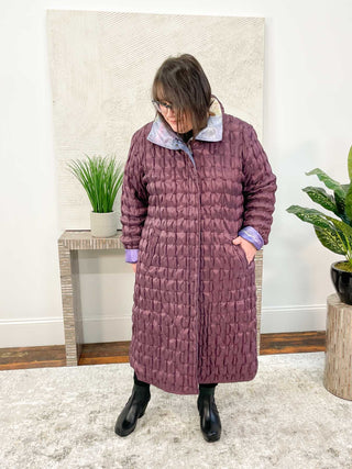 UBU Clothing Co Reversible Zip Front Long Coat, Eggplant/Coastal Dream - Statement Boutique