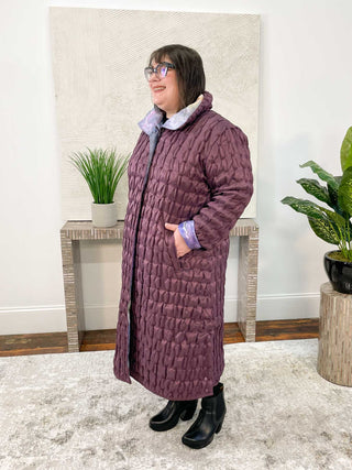 UBU Clothing Co Reversible Zip Front Long Coat, Eggplant/Coastal Dream - Statement Boutique