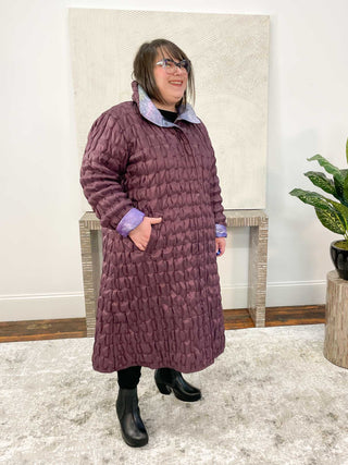UBU Clothing Co Reversible Zip Front Long Coat, Eggplant/Coastal Dream - Statement Boutique