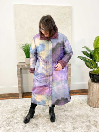 UBU Clothing Co Reversible Zip Front Long Coat, Eggplant/Coastal Dream - Statement Boutique