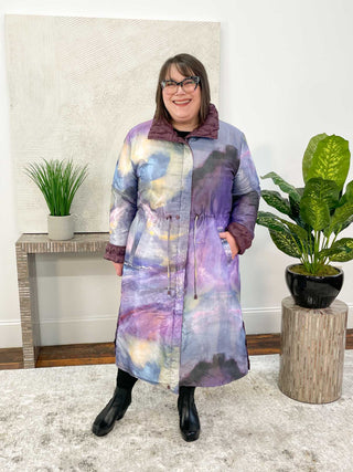 UBU Clothing Co Reversible Zip Front Long Coat, Eggplant/Coastal Dream - Statement Boutique