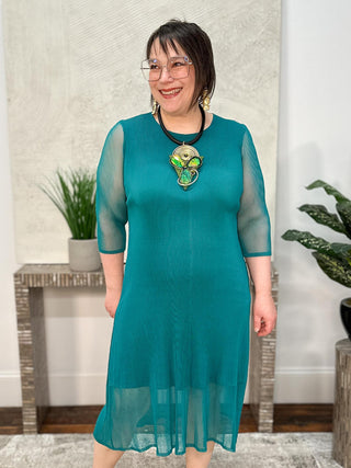 Vanite Couture 3/4 Sleeve Micropleat Dress, Teal - Statement Boutique