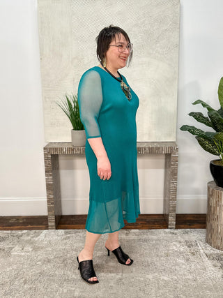 Vanite Couture 3/4 Sleeve Micropleat Dress, Teal - Statement Boutique
