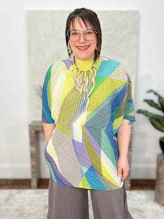 Vanite Couture Asymmetric Wedge Top, Green Multi Print - Statement Boutique