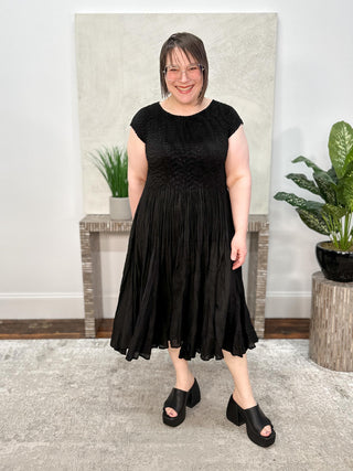 Vanite Couture Cap Sleeve Smocked Dress, Black - Statement Boutique