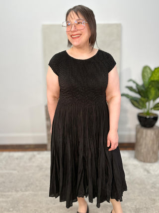 Vanite Couture Cap Sleeve Smocked Dress, Black - Statement Boutique