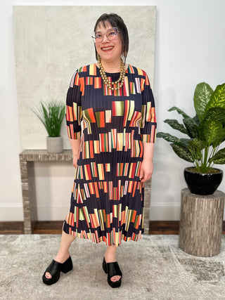 Vanite Couture Geometric Print Dress, Black/Orange Multi - Statement Boutique