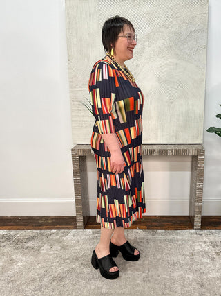 Vanite Couture Geometric Print Dress, Black/Orange Multi - Statement Boutique