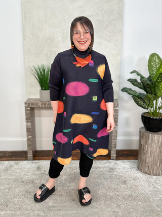 Vanite Couture Mock Neck A-Line Dress, Black/Dots - Statement Boutique