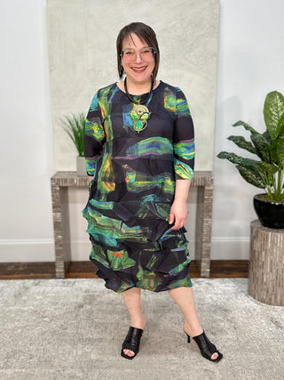 Vanite Couture Zig Zag Pleat Dress, Midnight Green Print - Statement Boutique