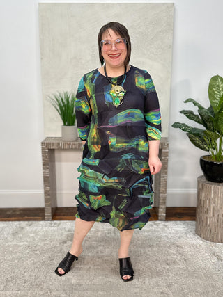 Vanite Couture Zig Zag Pleat Dress, Midnight Green Print - Statement Boutique