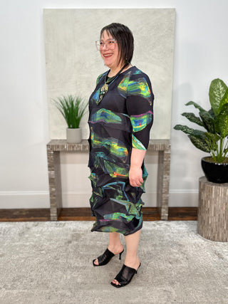 Vanite Couture Zig Zag Pleat Dress, Midnight Green Print - Statement Boutique