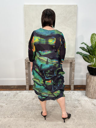 Vanite Couture Zig Zag Pleat Dress, Midnight Green Print - Statement Boutique