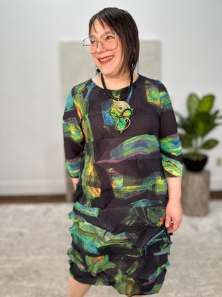 Vanite Couture Zig Zag Pleat Dress, Midnight Green Print - Statement Boutique