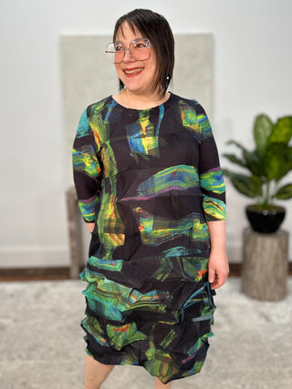 Vanite Couture Zig Zag Pleat Dress, Midnight Green Print - Statement Boutique