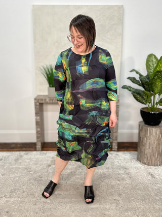 Vanite Couture Zig Zag Pleat Dress, Midnight Green Print - Statement Boutique