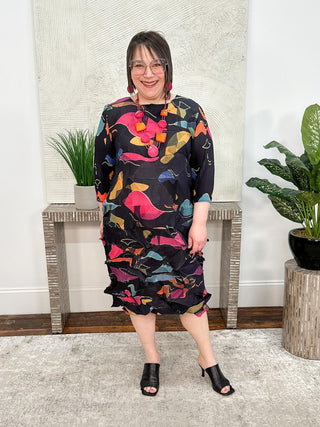 Vanite Couture Zig Zag Pleat Dress, Midnight Garden Print - Statement Boutique