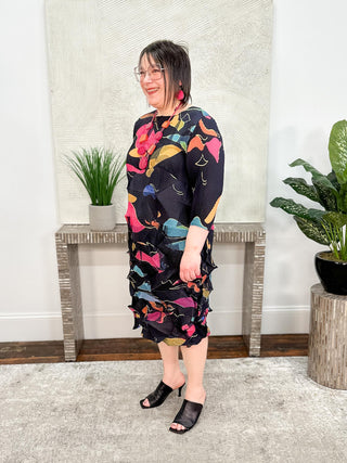 Vanite Couture Zig Zag Pleat Dress, Midnight Garden Print - Statement Boutique