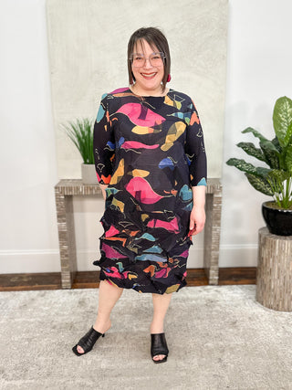 Vanite Couture Zig Zag Pleat Dress, Midnight Garden Print - Statement Boutique