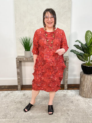 Vanite Couture Zig Zag Pleat Dress, Orange Mosaic Print - Statement Boutique