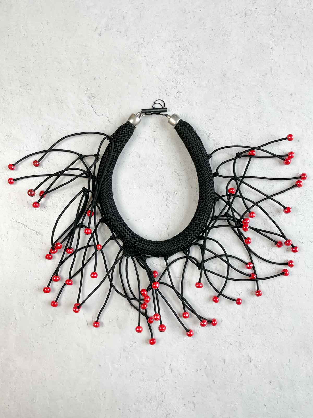 Christina Brampti Beaded Fringe Chunky Cord Collar Necklace, Red - Statement Boutique