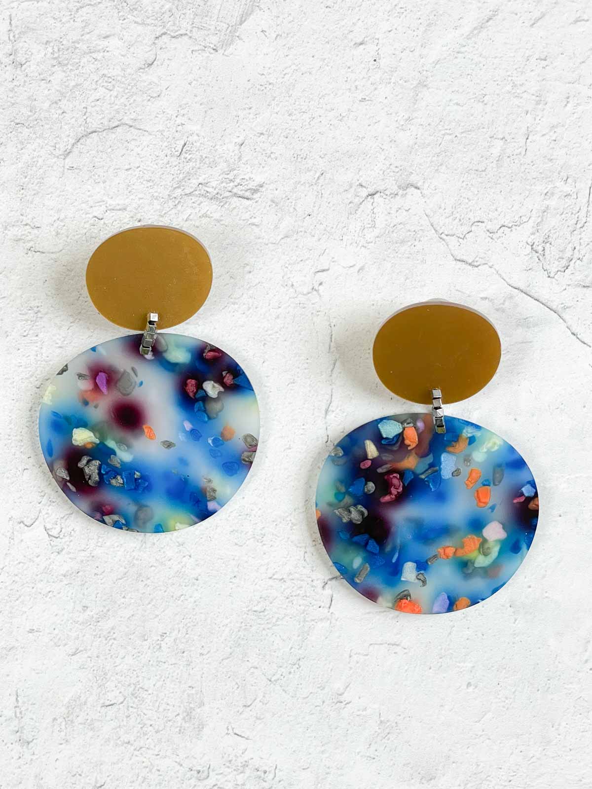 Christina Brampti Large Acrylic Round Shapes Drop Earrings, Gold Blue Mix - Statement Boutique