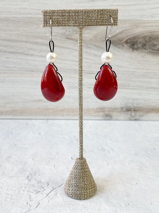 OC Jewelry Pearl Rose Earrings, Red