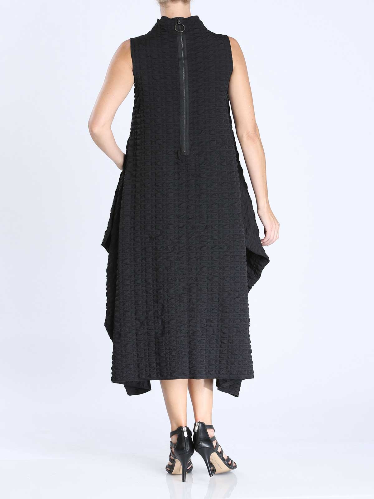 IC Collection Check Pucker Sleeveless High Neck Dress, Black - Statement Boutique