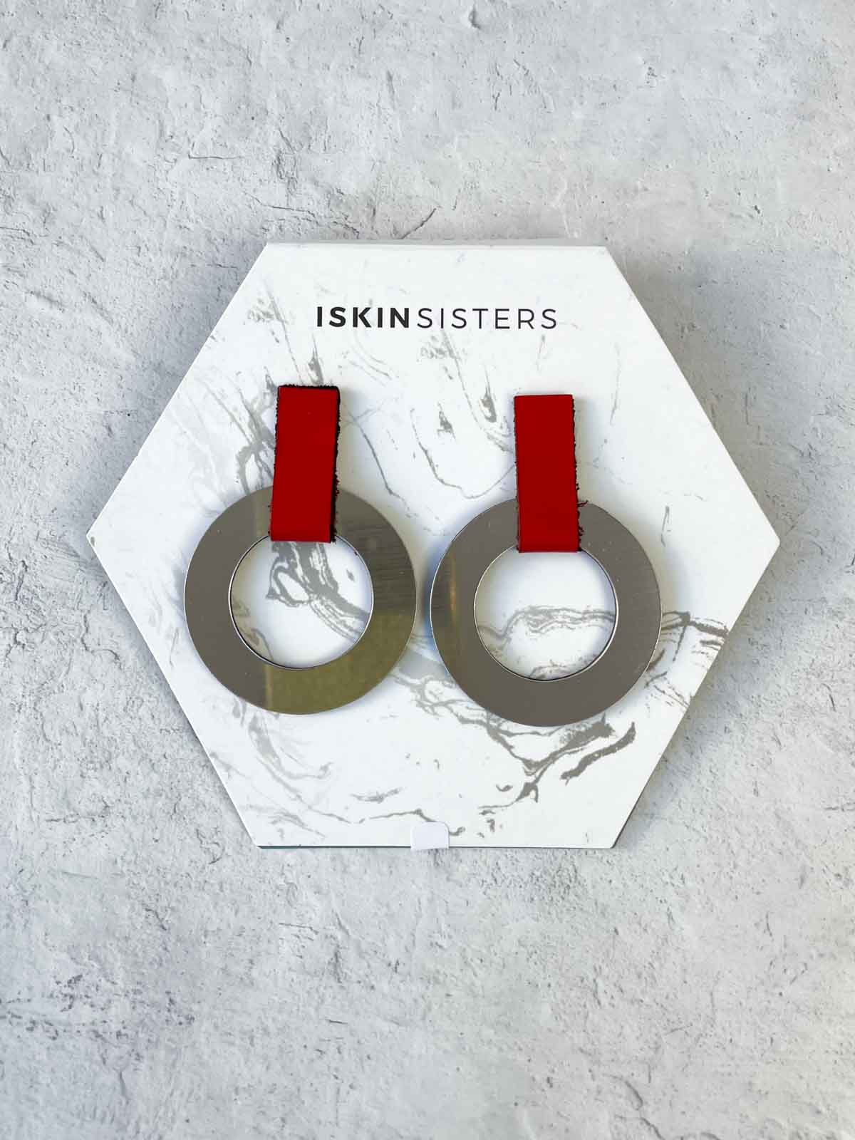 Iskin Sisters Mies Large Circle Earrings, Red Silver - Statement Boutique