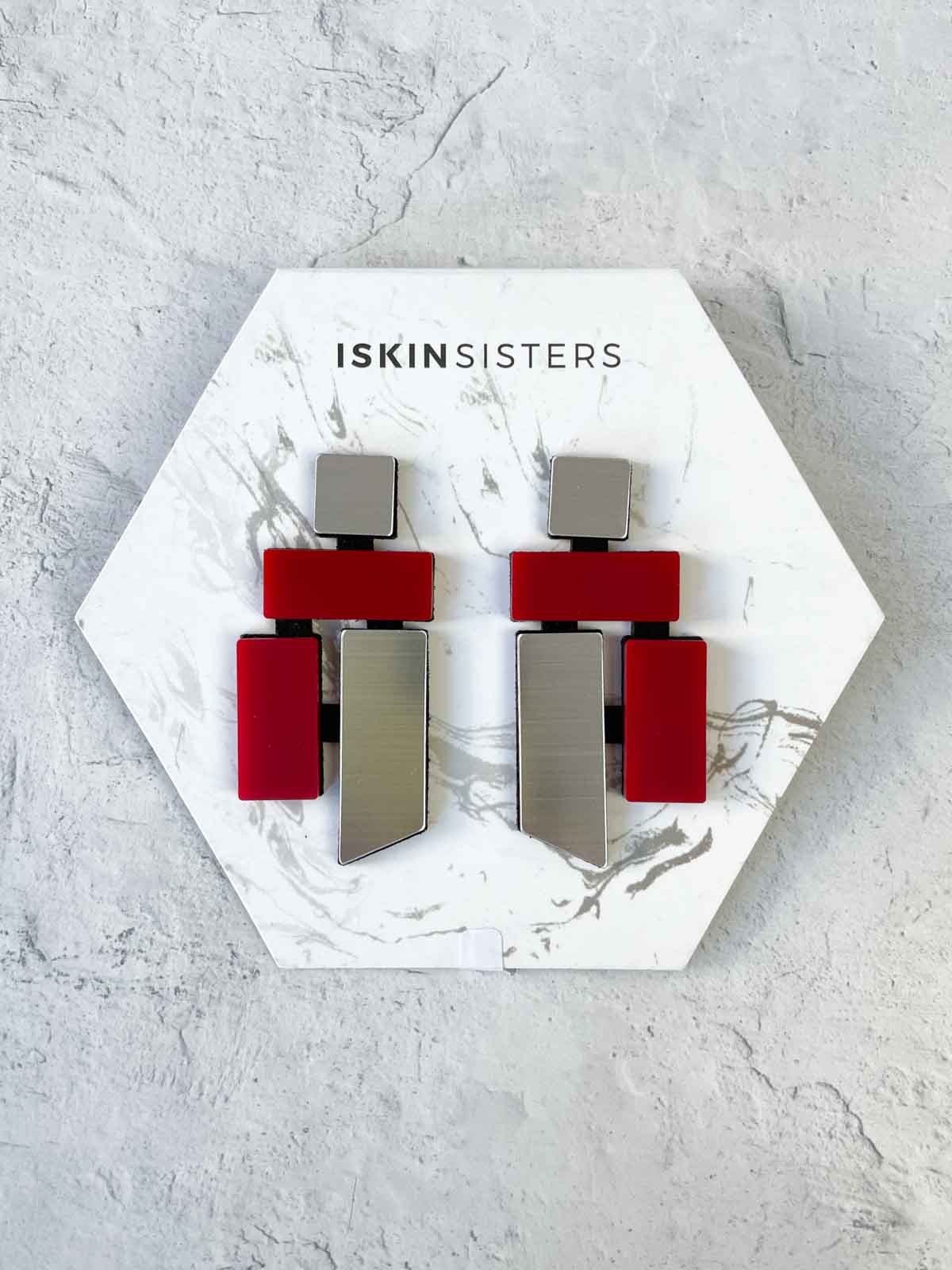 Iskin Sisters Piet Large Earrings, Red Silver - Statement Boutique