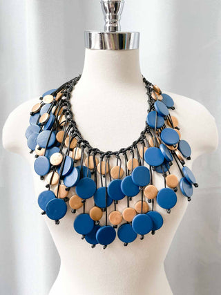 Jianhui London Coins Cotton Cord Peacock Necklace, Pantone Blue/Gold - Statement Boutique