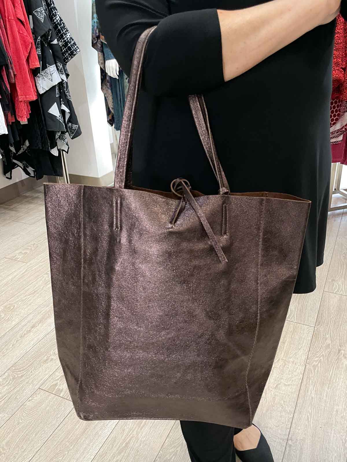 Jijou Capri Metallic Leather Tote Bag, Brown - Statement Boutique