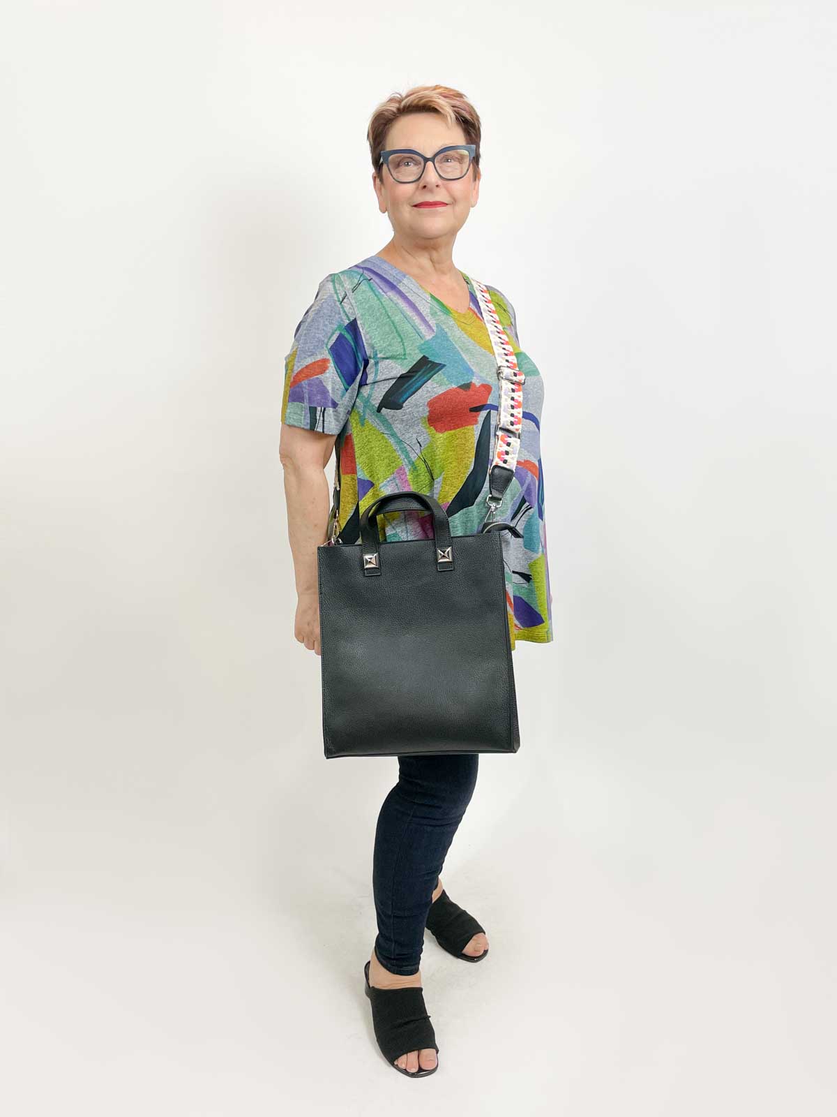 Jijou Capri Nathalie Embroidered Strap Slim Tote, Black - Statement Boutique