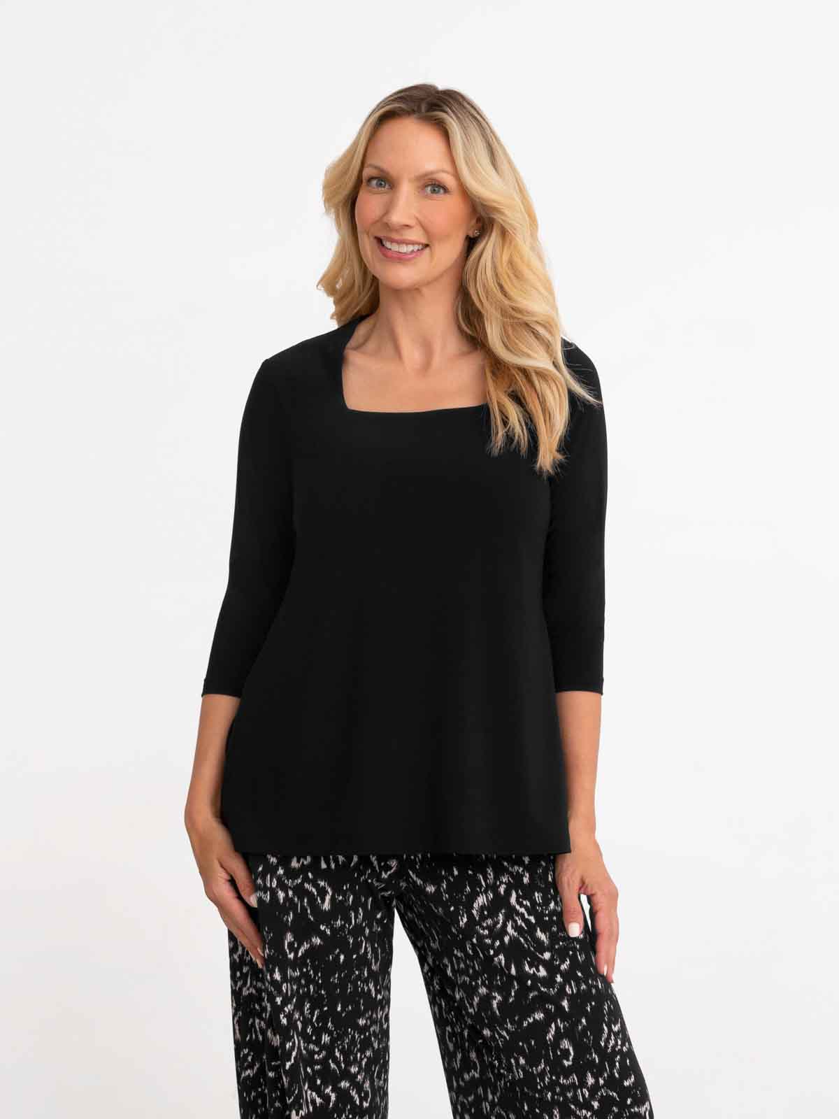 Sympli Square Neck Top, 3/4 Sleeve, Black - Statement Boutique