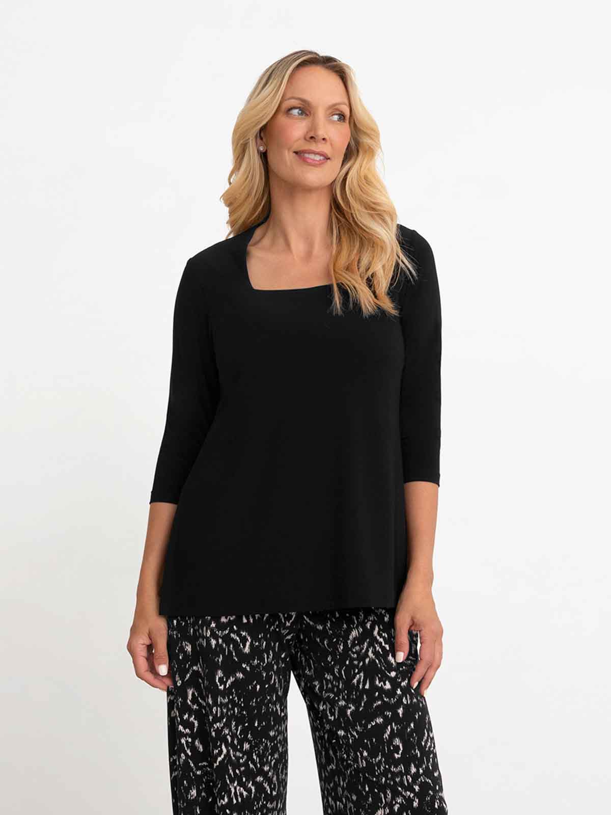 Sympli Square Neck Top, 3/4 Sleeve, Black - Statement Boutique